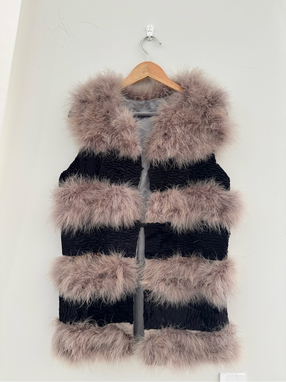 Black Quilted Vest with Ostrich Feathered Trim